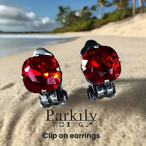 Clip on earrings with siam red cushion shape Swarovski crystal handcrafted - Picture 1 of 6